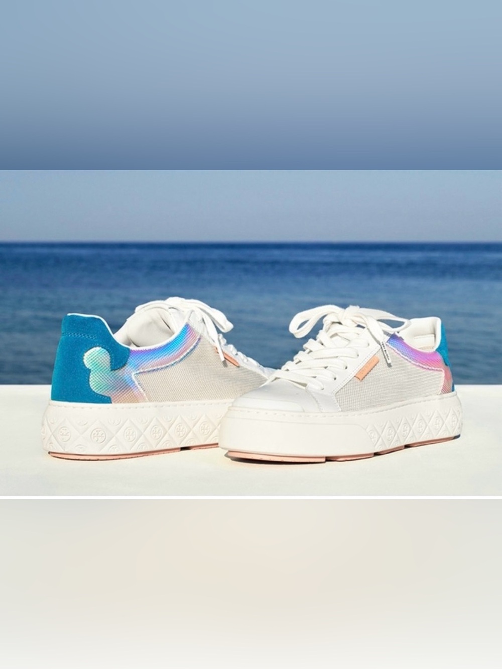 Tory Burch White Platform Sneakers with Iridescent & Teal Heel